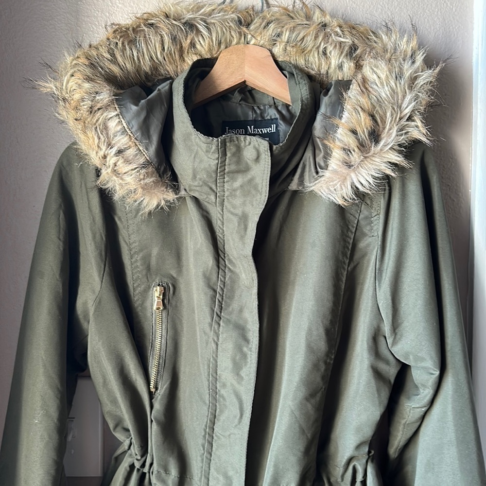 JASON MAXWELL Outerwear Collection Olive Green Faux Fur Hooded Utility Jacket